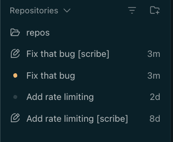 Cursor sidebar showing two working sessions, each next to its [scribe] shadow session